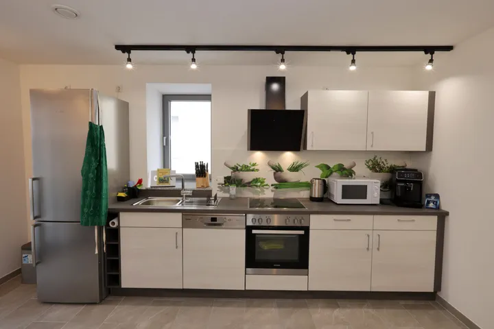 Fully equipped kitchen with ceramic hob, extractor hood and fridge